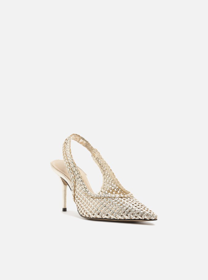 Scarpin Dourado Tressê Bico Fino Slingback