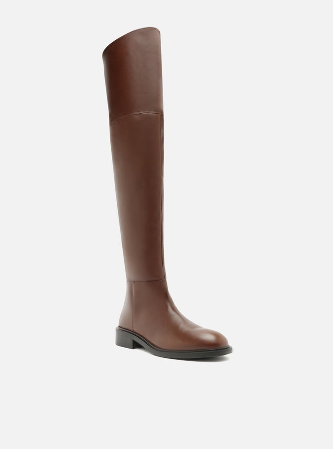 Bota Over The Knee Marrom Couro Salto Bloco