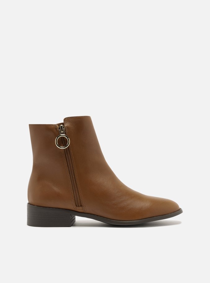 Bota Marrom Couro Cano Curto Zíper Argola