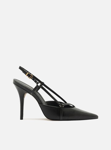 Scarpin Preto Couro Tiras Bico Fino