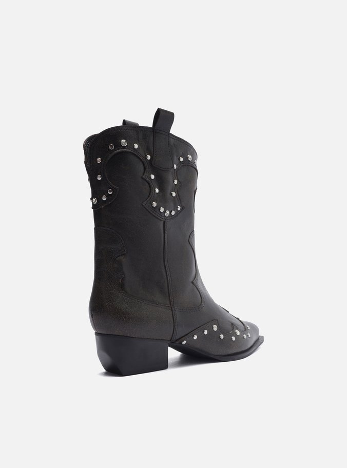 Bota Preta Couro Worn Cano Curto Western Folk