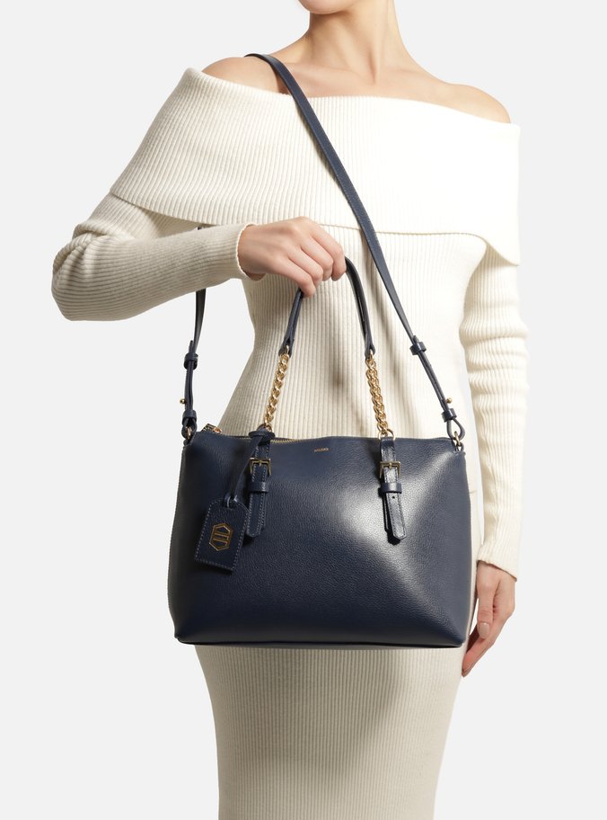 Bolsa Tote Azul Couro Grande Alça Corrente