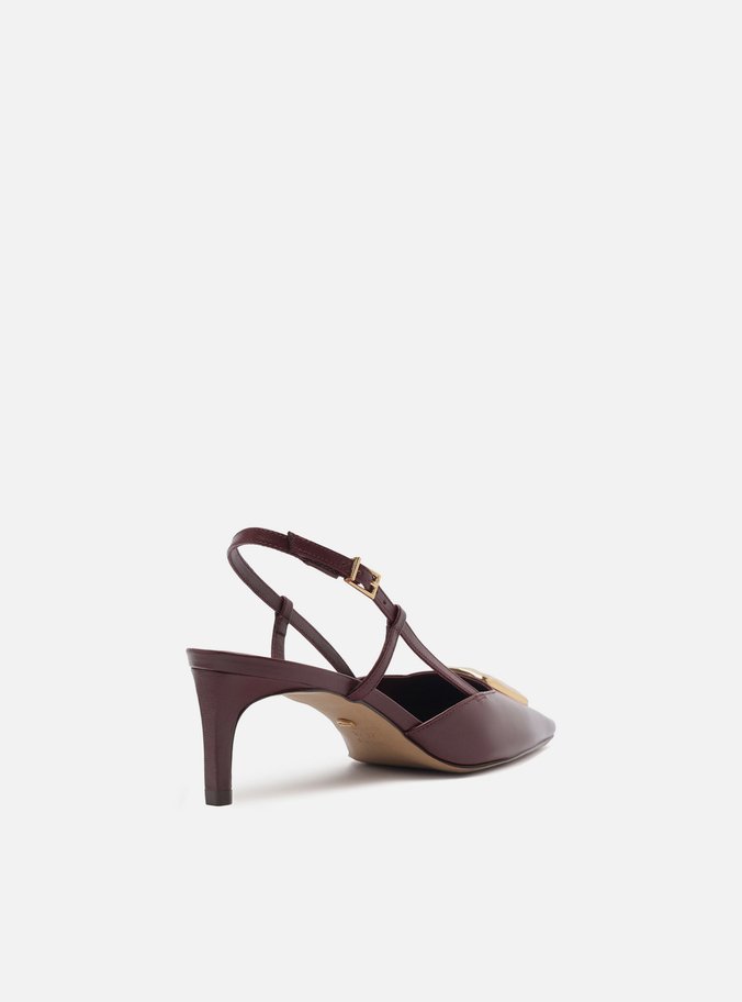 Scarpin Vinho Couro Salto Baixo Slingback Metal