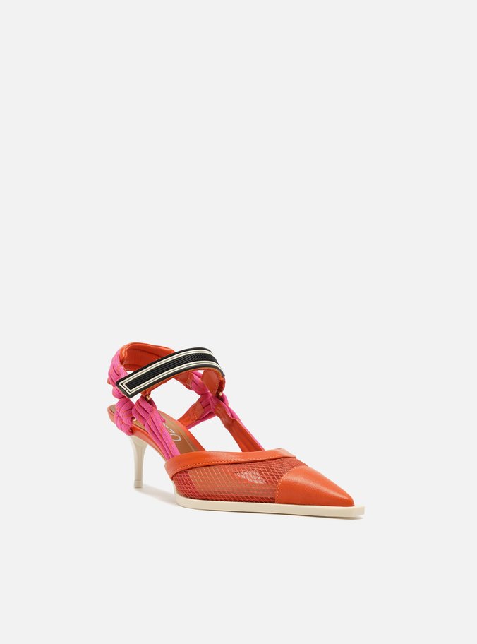 Scarpin Laranja Tela Salto Baixo Slingback Cordão