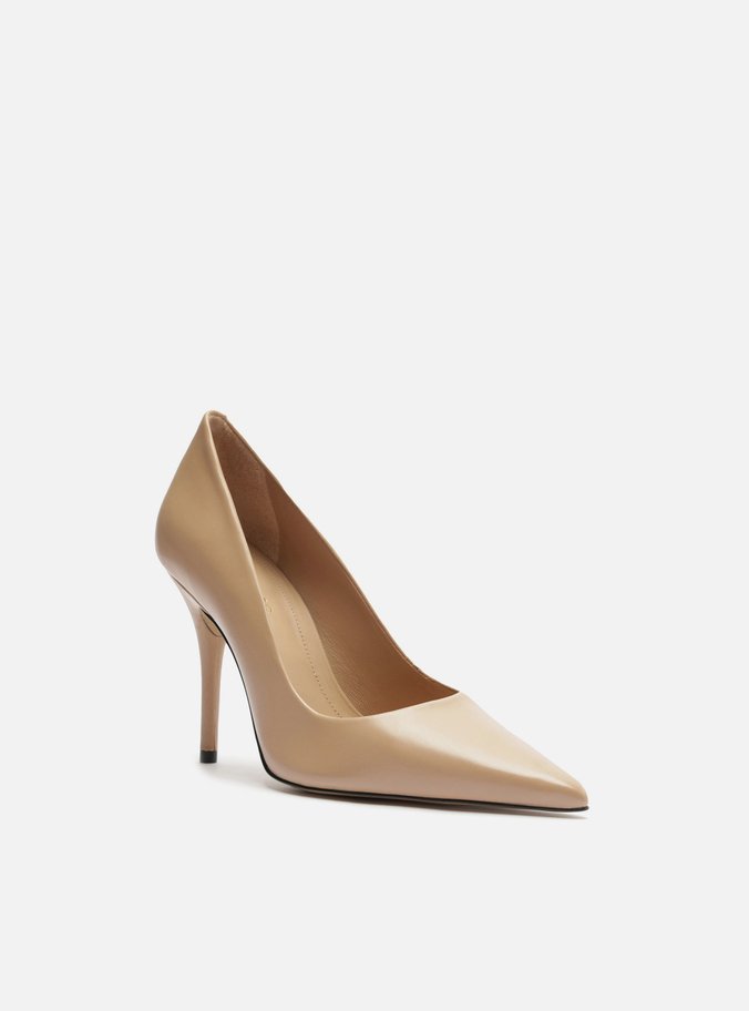 Scarpin Bege Couro Salto Alto Bico Fino