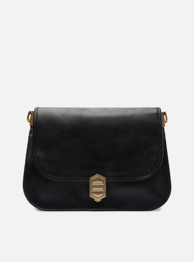 Bolsa Tiracolo Preta Couro Grande Peça Metal