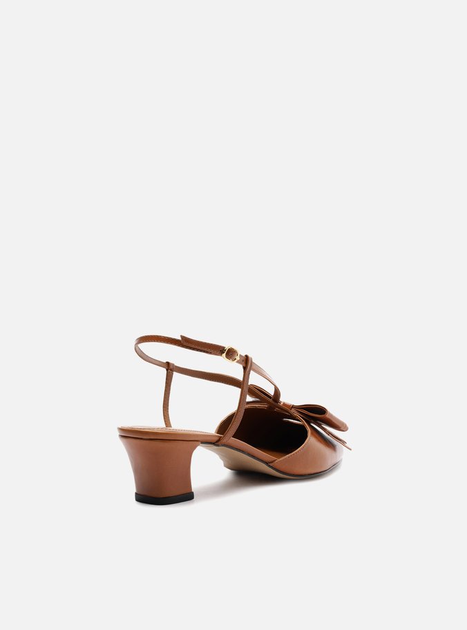 Scarpin Marrom Couro Salto Baixo Slingback Laço