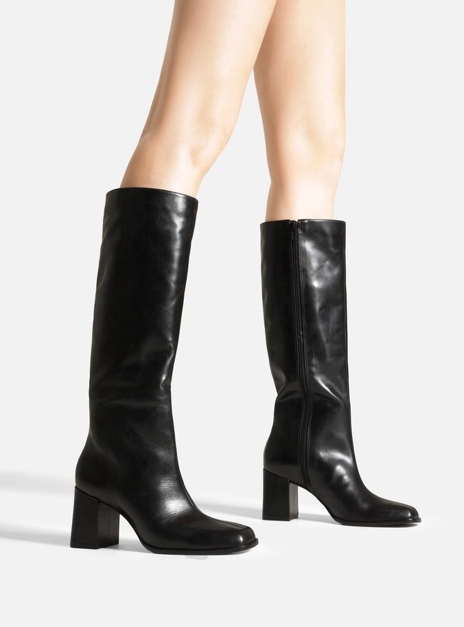 Bota Preta Couro Cano Longo Bloco Montaria