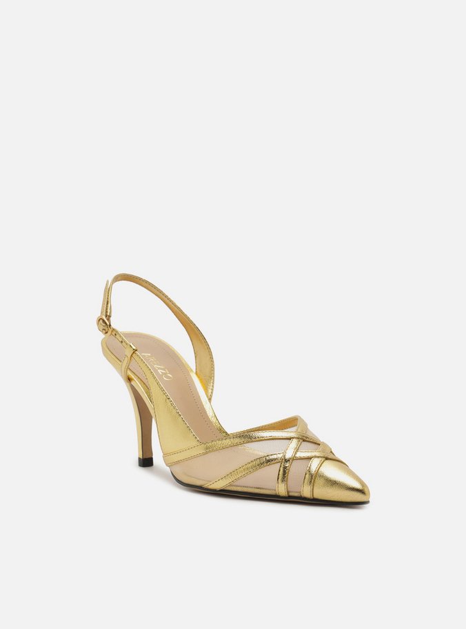 Scarpin Dourado Couro Tela Salto Médio Fivela