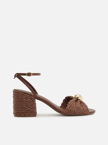 Sandália Marrom Salto Médio Bloco Tramado Metal