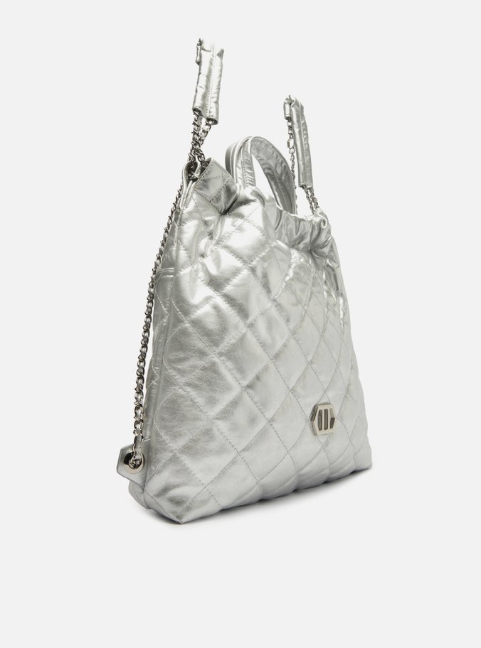 Mochila Prata Couro Charlotte Grande