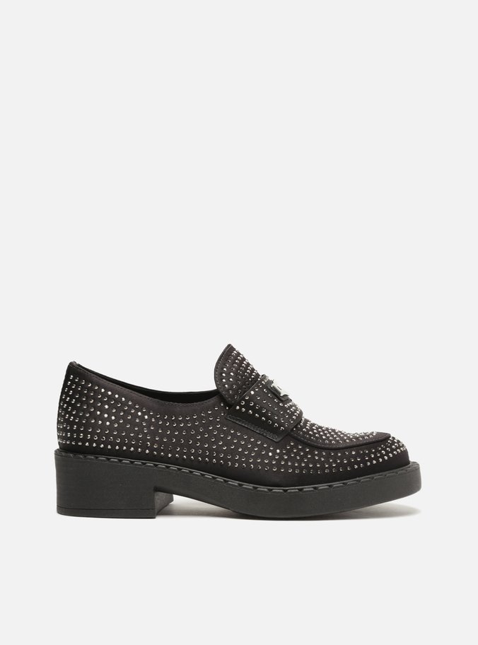 Mocassim Preto Cetim Strass Bico Redondo