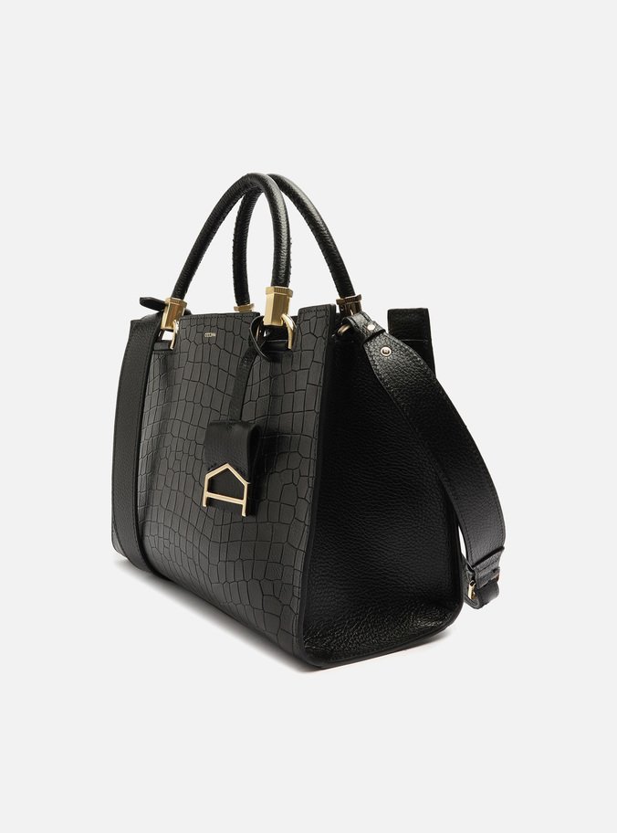 Bolsa Tote Preta Couro Croco Abbraccio Grande
