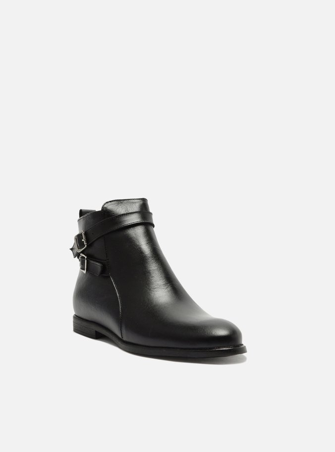 Bota Preta Couro Cano Curto Tiras Fivelas