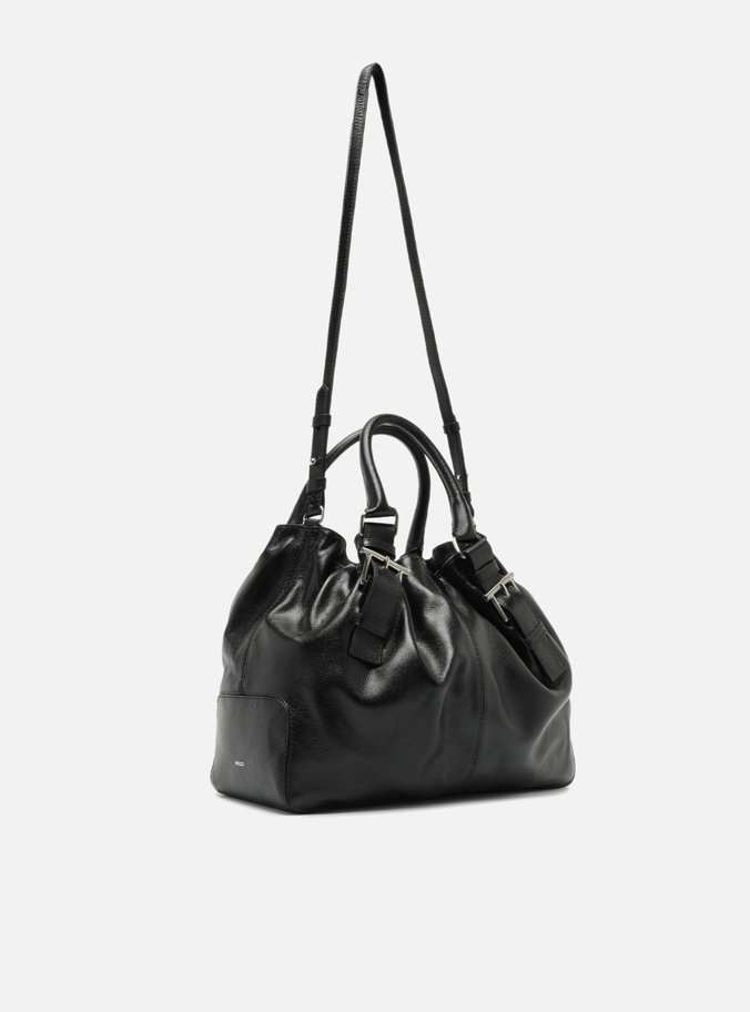Bolsa Tote Preta Couro Grande Fivelas