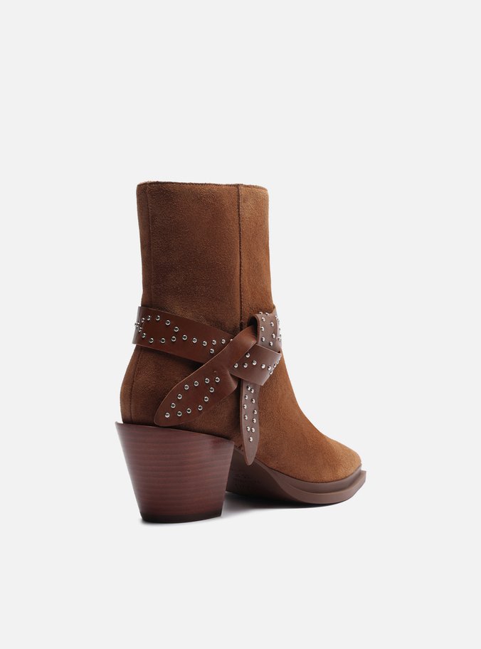Bota Marrom Suede Salto Bloco Laço Rebites