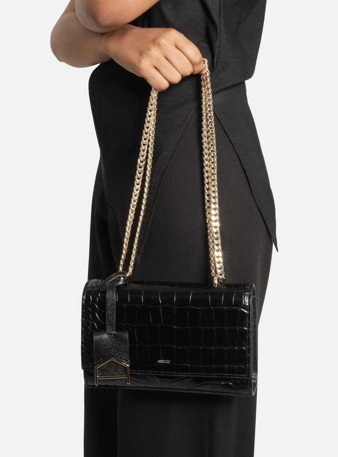 Bolsa Tiracolo Preta Couro Pequena Croco Corrente