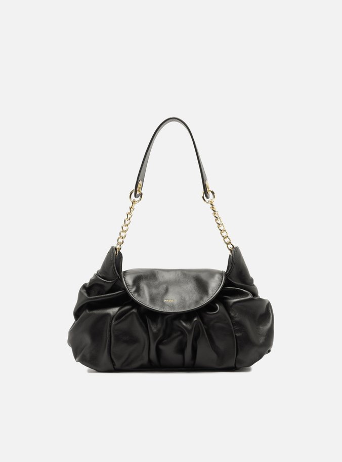 Bolsa Shoulder Preta Couro Média Franzida
