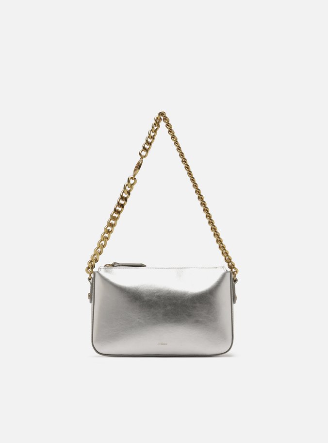 Bolsa Shoulder Prata Couro Pequena Alças Corrente