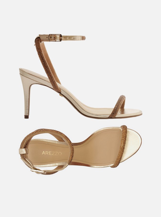 Sandália Dourada Strass Salto Fino Minimal