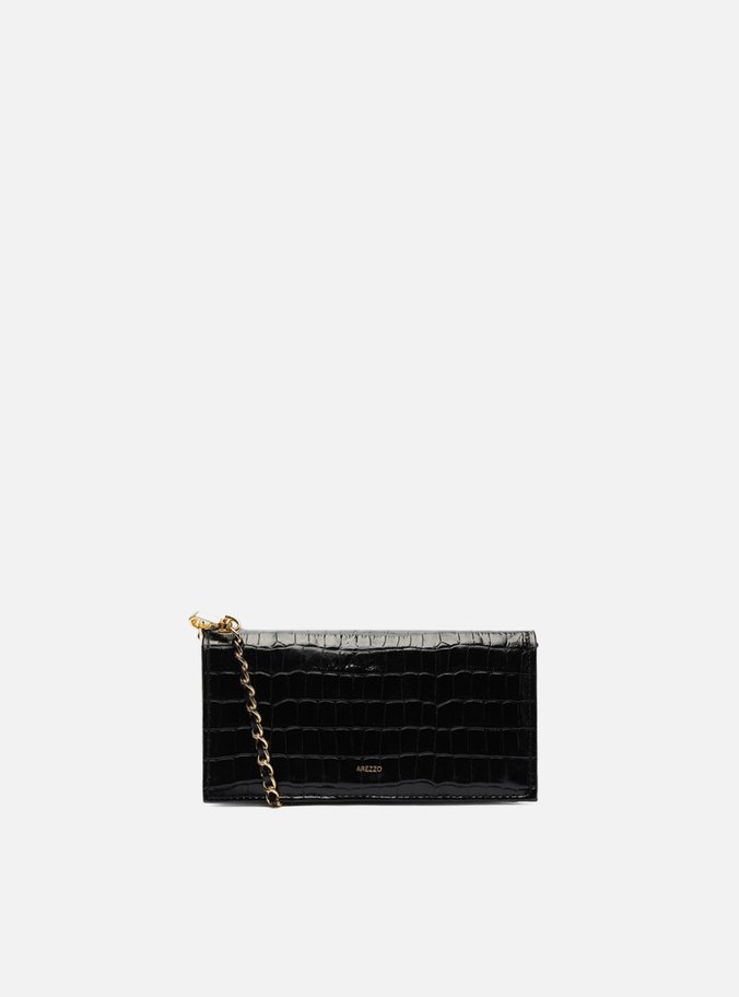 Clutch Preta Couro Croco Pequena Metal