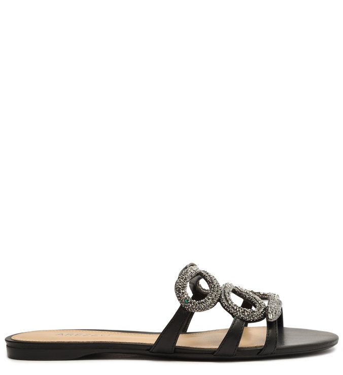 Rasteira Preta Couro Snake Strass