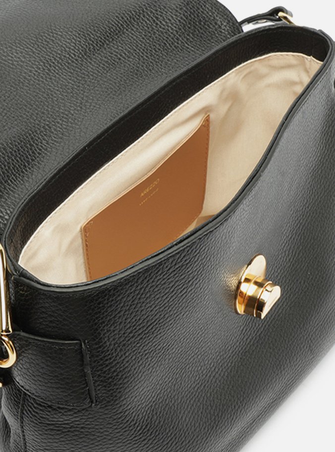 Bolsa Satchel Preta Couro Média Metal