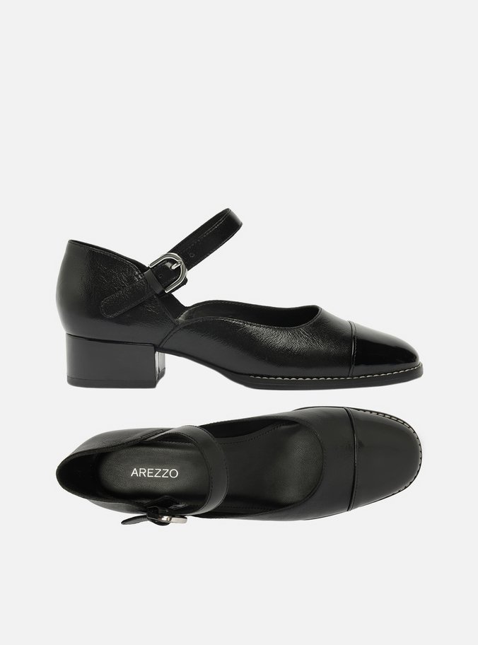 Sapato Boneca Preto Couro Bloco Cap Toe