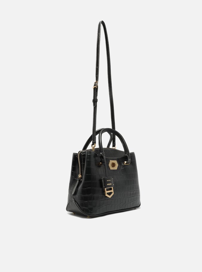 Bolsa Tote Preta Couro Média Croco Charm