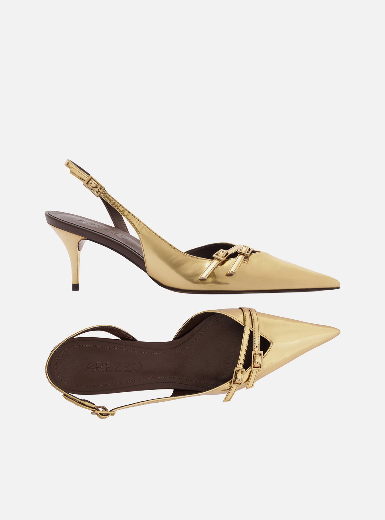 Scarpin Dourado Couro Salto Baixo Fino Fivelas — foto 6