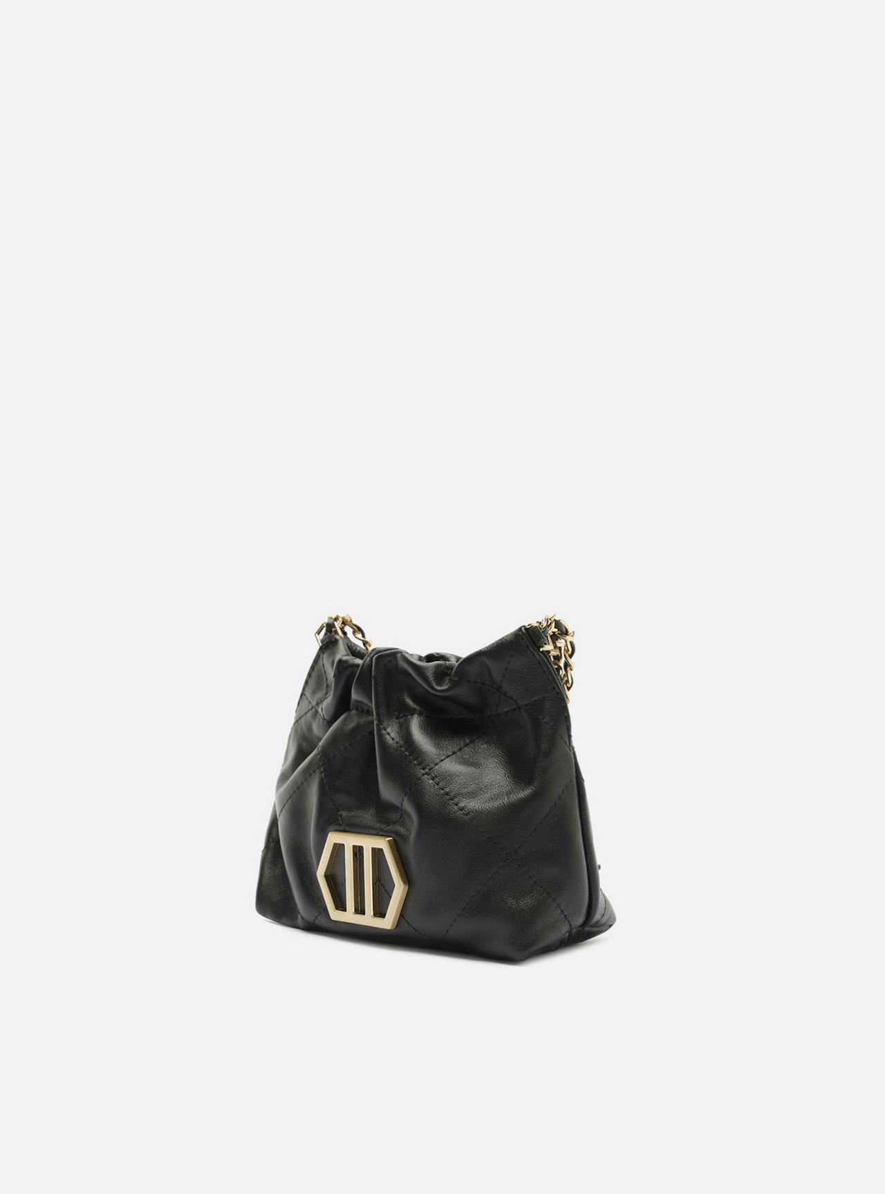 Bolsa Tiracolo Preta Couro Pequena Corrente Dourada — foto 2