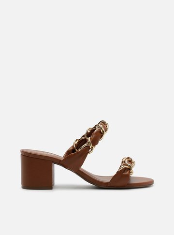 Sandália Marrom Salto Bloco Tiras Elos