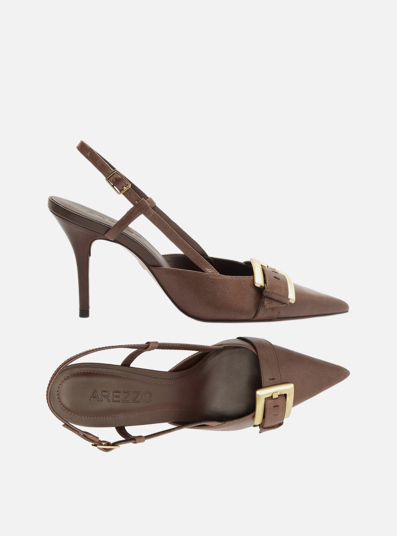 Scarpin Marrom Couro Salto Fino Fivela Slingback — foto 6
