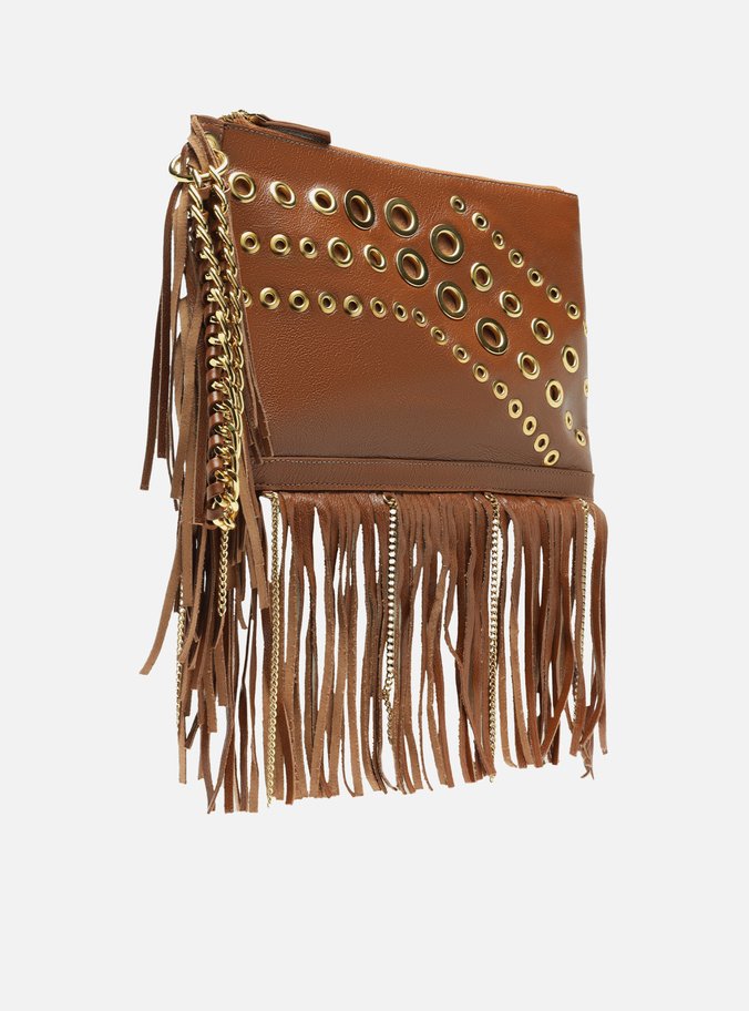 Clutch Marrom Couro Média Franjas Ilhoses