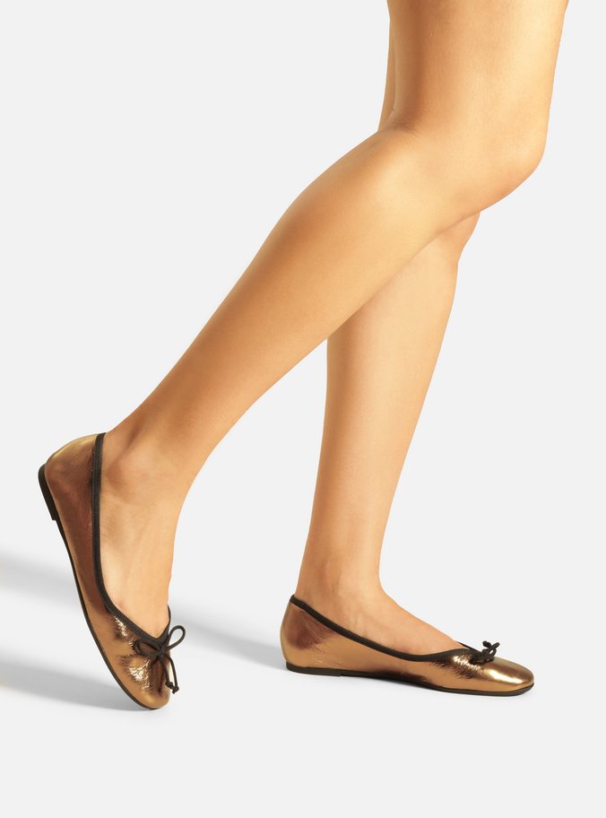 Sapatilha Bronze Couro Shiny Bico Redondo Laço