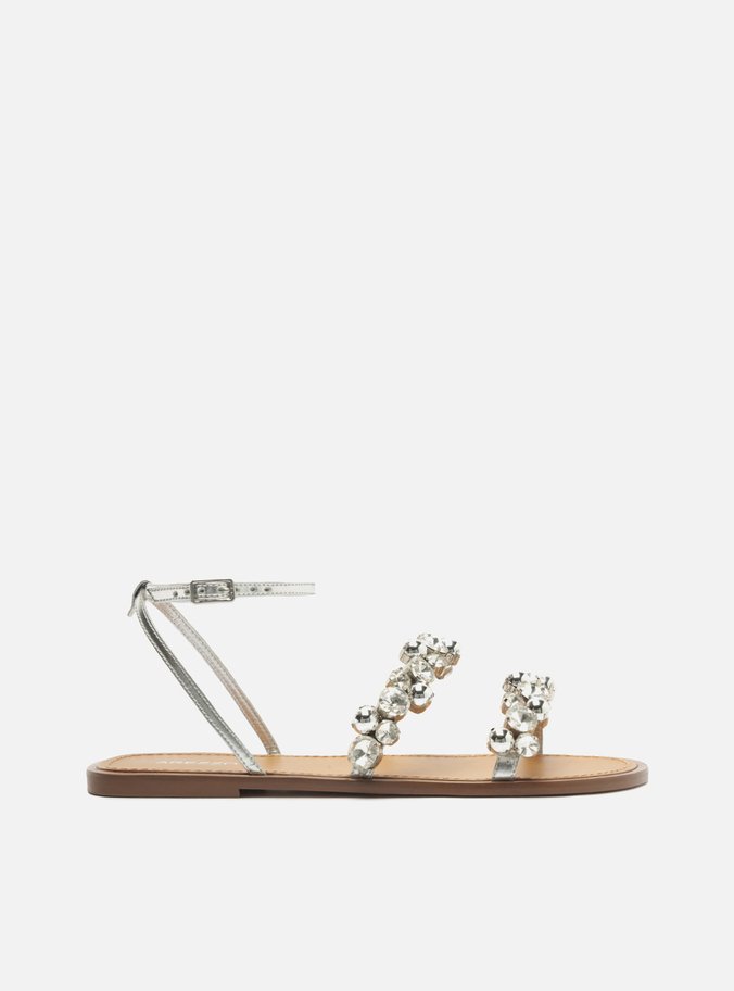 Sandália Rasteira Prata Tiras Pedrarias Maxi