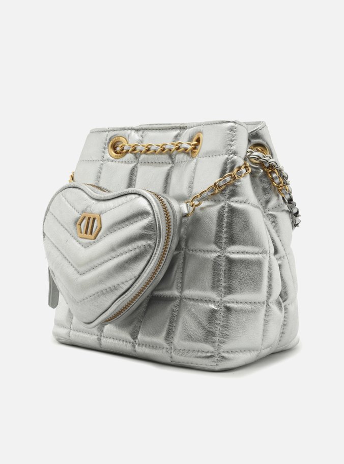 Bolsa Bucket Prata Couro Média Bolso Coração