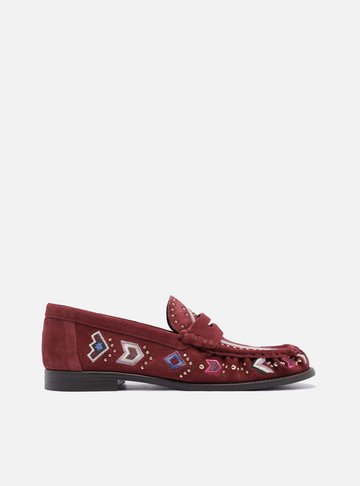 Mocassim Vinho Suede Bridão Metálico Bordado