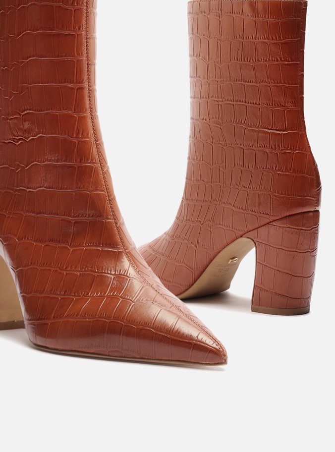 Bota Marrom Croco Cano Médio Bico Fino Zíper