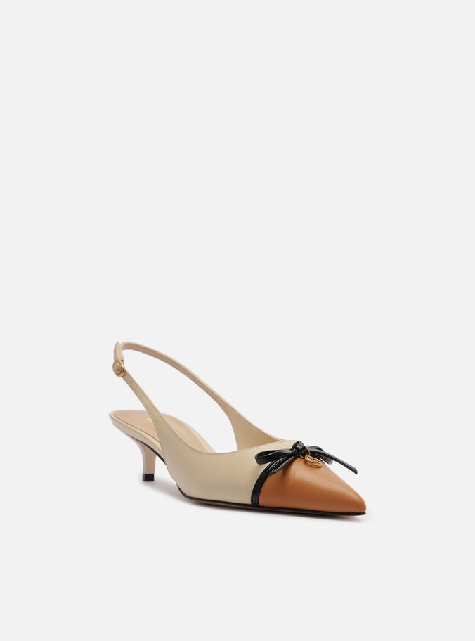 Scarpin Branco Couro Salto Baixo Slingback Laço