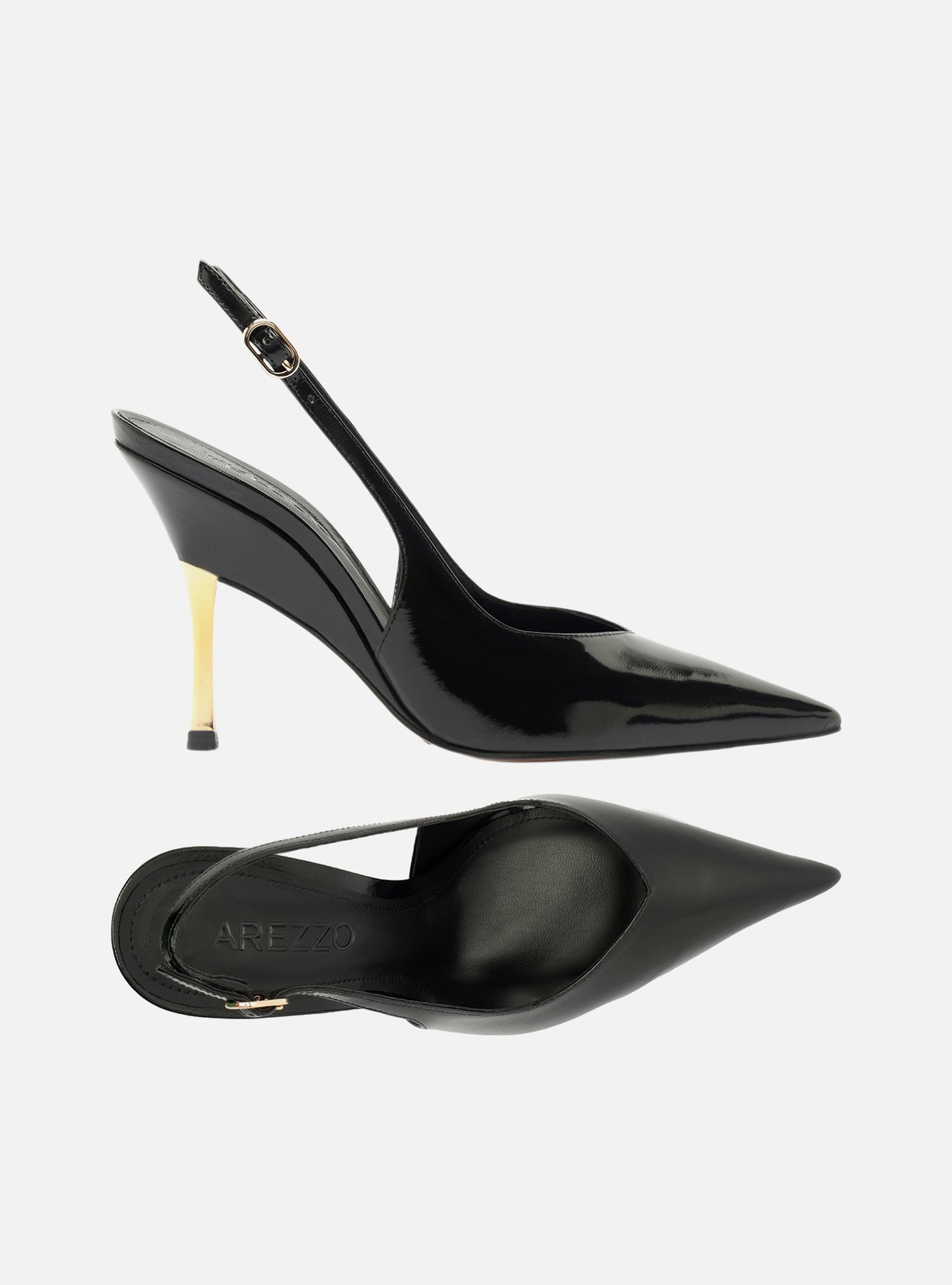Scarpin Preto Couro Slingback Salto Alto Dourado — foto 5