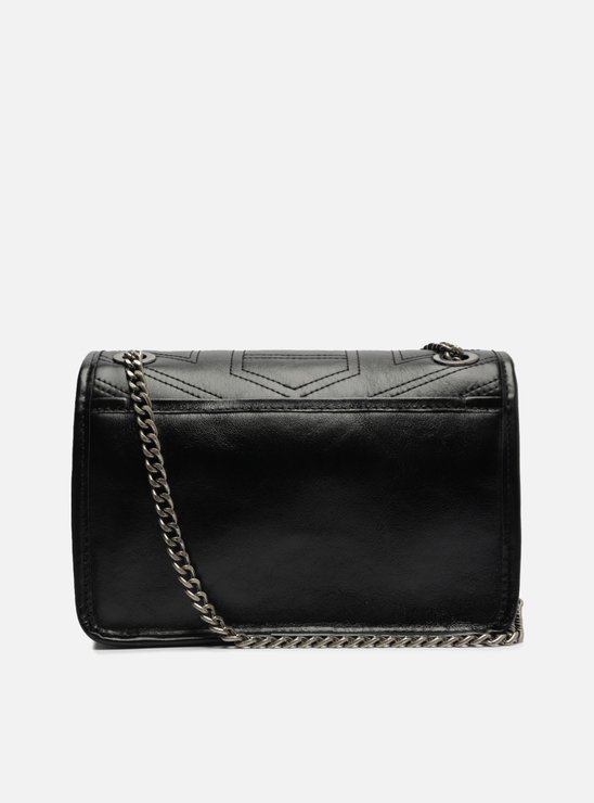 Bolsa Tiracolo Preta Couro Costuras Corrente