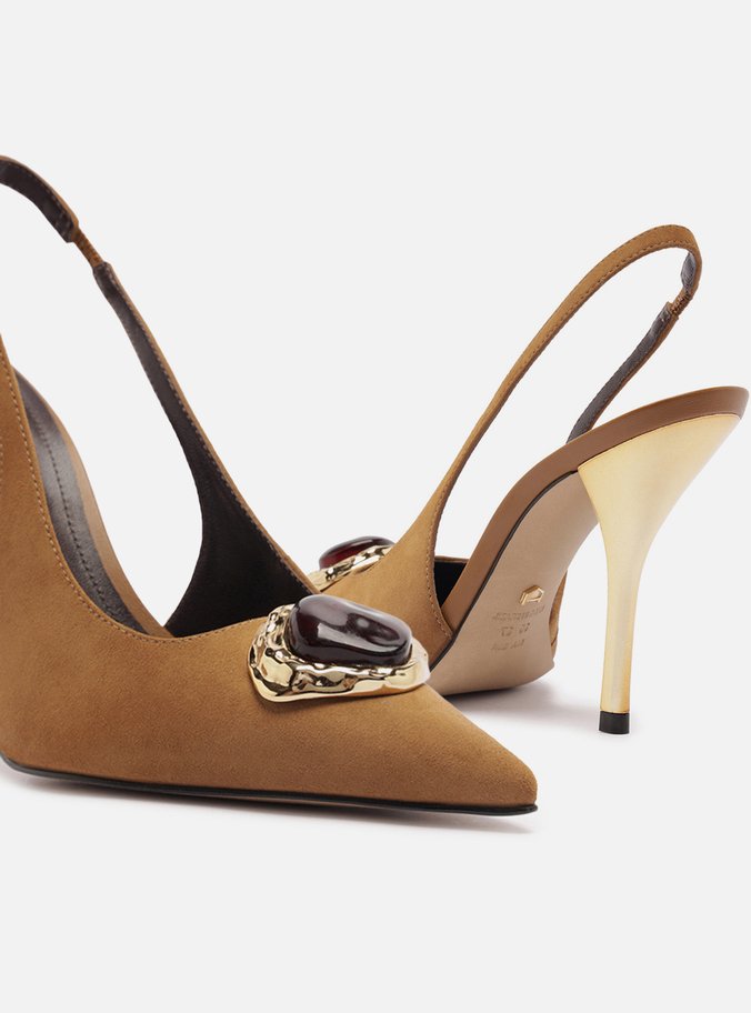 Scarpin Marrom Camurça Salto Alto Slingback Pedraria