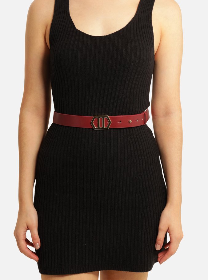 Cinto Vermelho Couro Médio Fivela Hexagonal