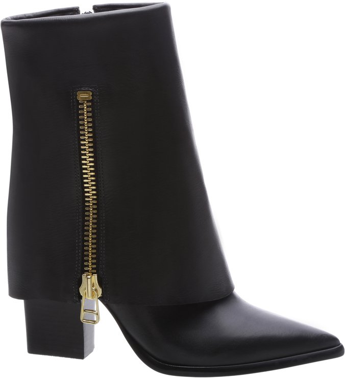 Bota Couro Bico Fino Polaina Salto Preto