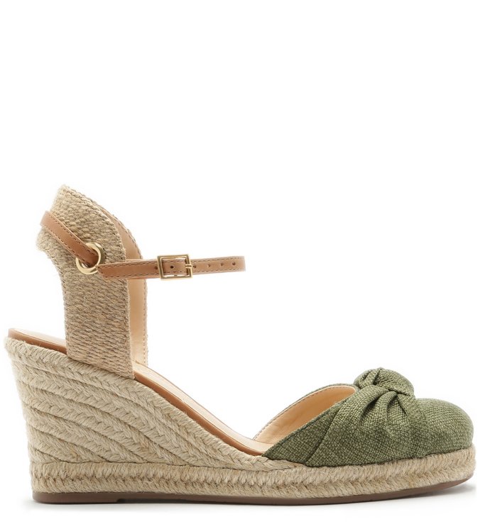 Espadrille Linho Drapeado Salto Médio Corda Verde e Natural Wood