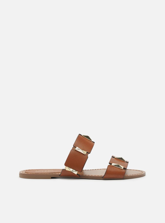 Rasteira Marrom Couro Flat Platino
