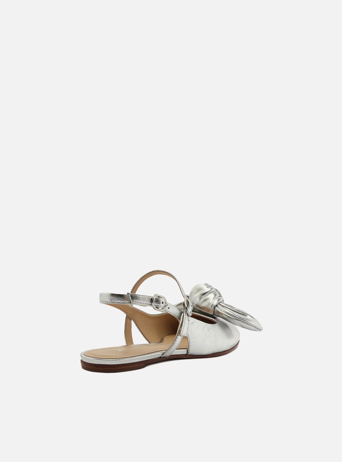 Sapatilha Boneca Prata Couro Slingback Laço