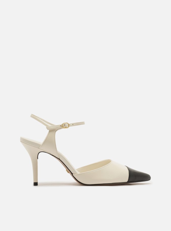 Scarpin Branca Couro Salto Fino Fivela Slingback