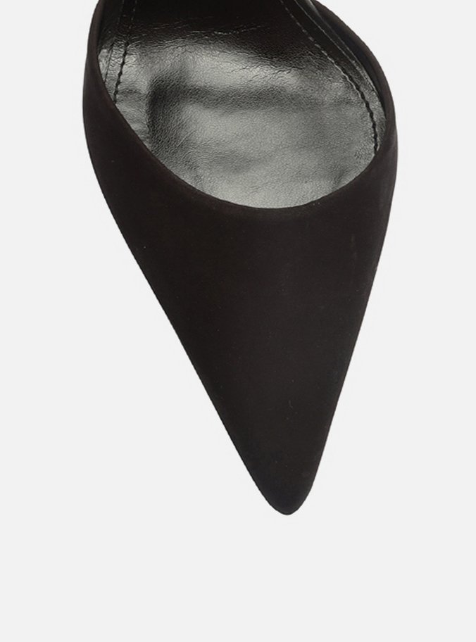 Scarpin Preto Nobuck Salto Alto Bico Fino Aberto